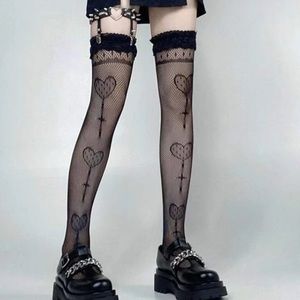 Black Goth Heart Pattern Mesh Fishnet Stockings